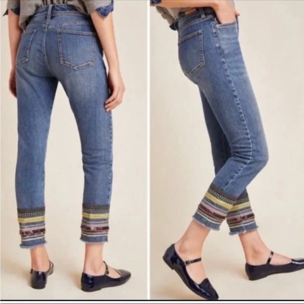 Anthropologie Blue Straight Leg Jeans with Multicolor Trim
